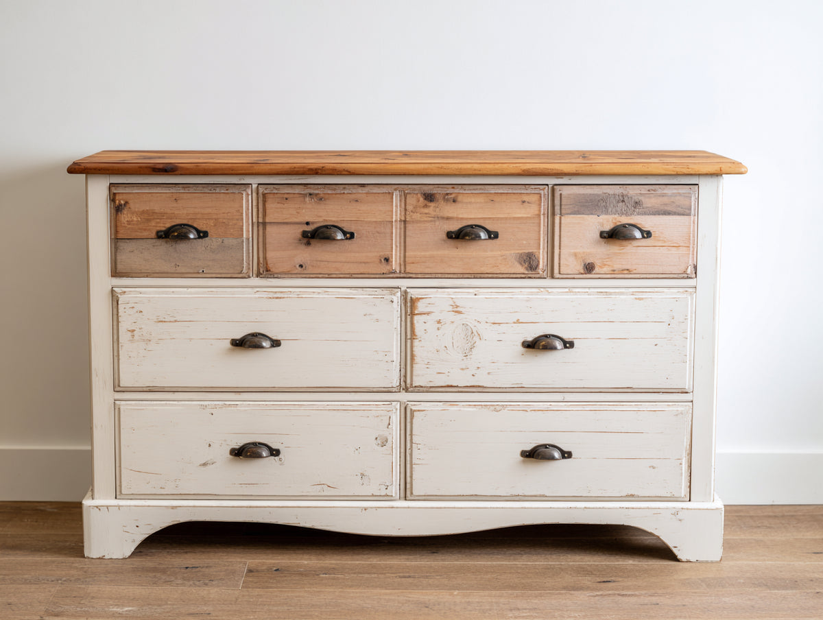 Cómodas de madera manufacturada 135 x 48 x 92 cm - Blanco envejecido y marrón natural - Ocho cajones y estilo rústico
