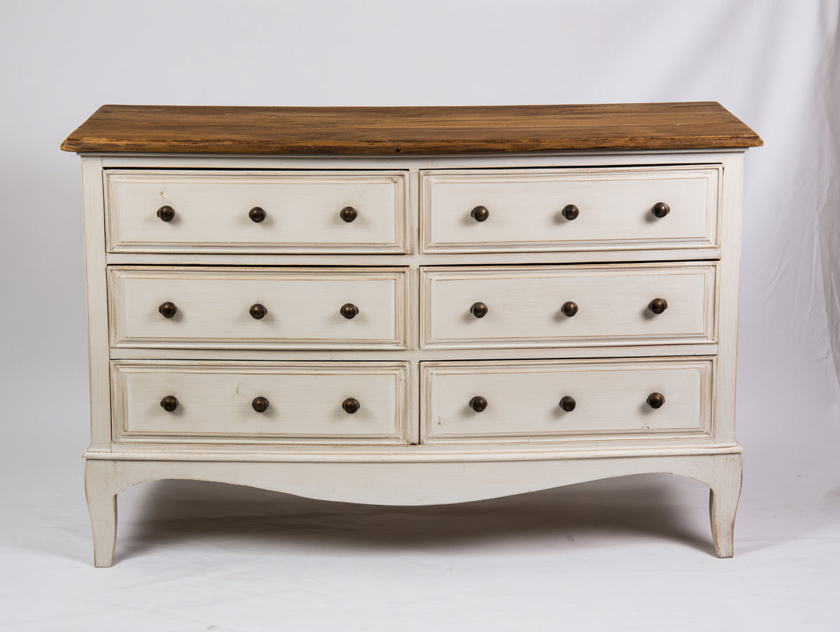 Cómodas de madera manufacturada 130 x 48 x 90 cm - Blanco envejecido y marrón - Seis cajones y estilo clásico