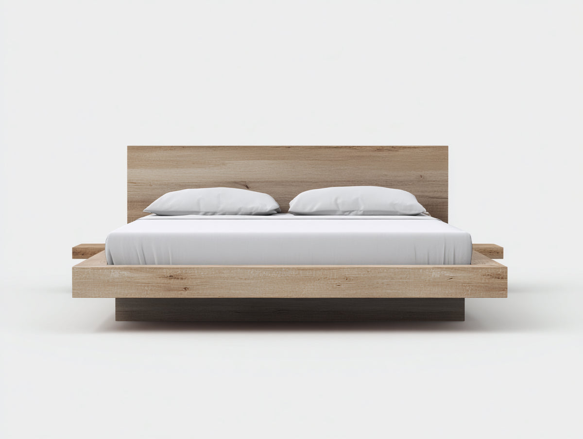 Camas dobles de madera 210 x 180 x 95 cm - Marrón claro y marrón oscuro - Diseño flotante con mesillas integradas