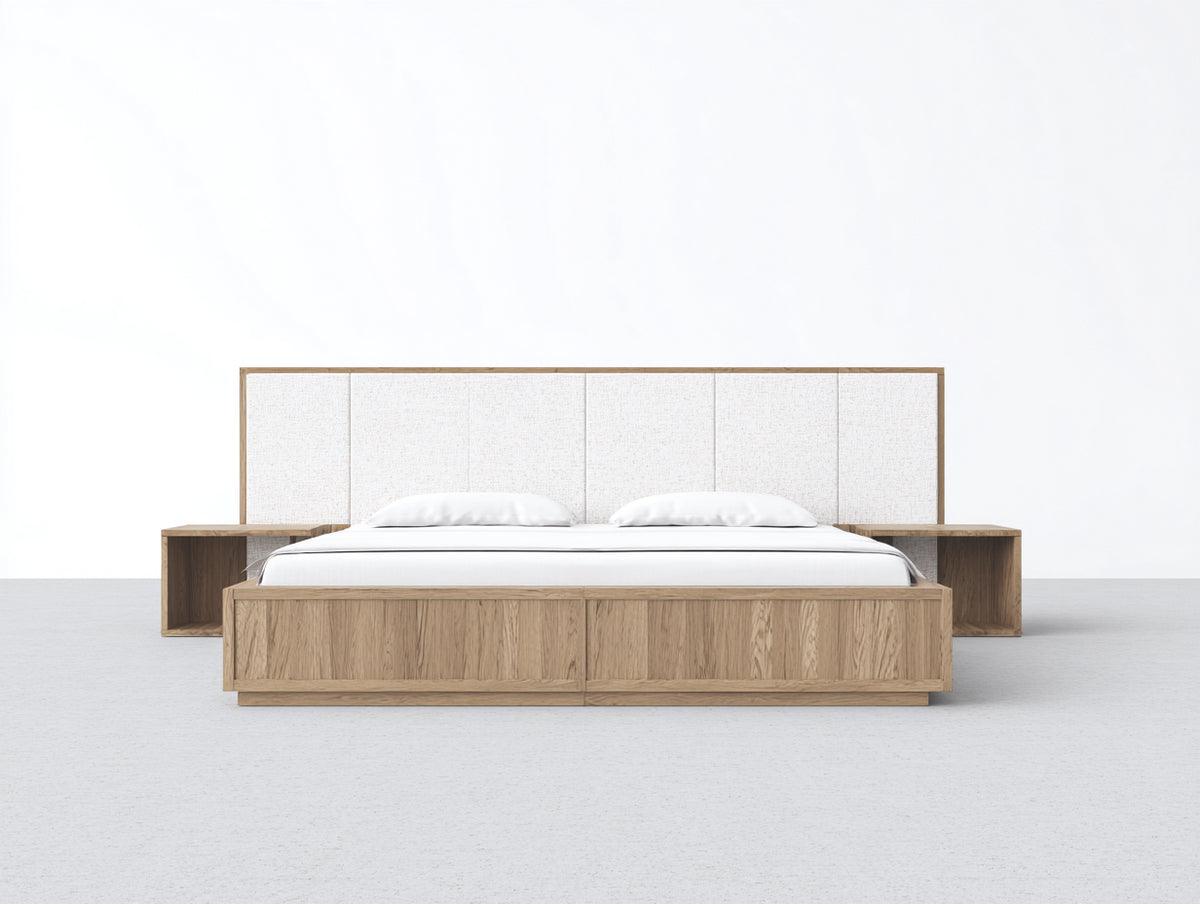 Camas dobles de madera 200x180x120 cm - color madera natural - diseño moderno con cabecero tapizado y mesitas laterales para dormitorio