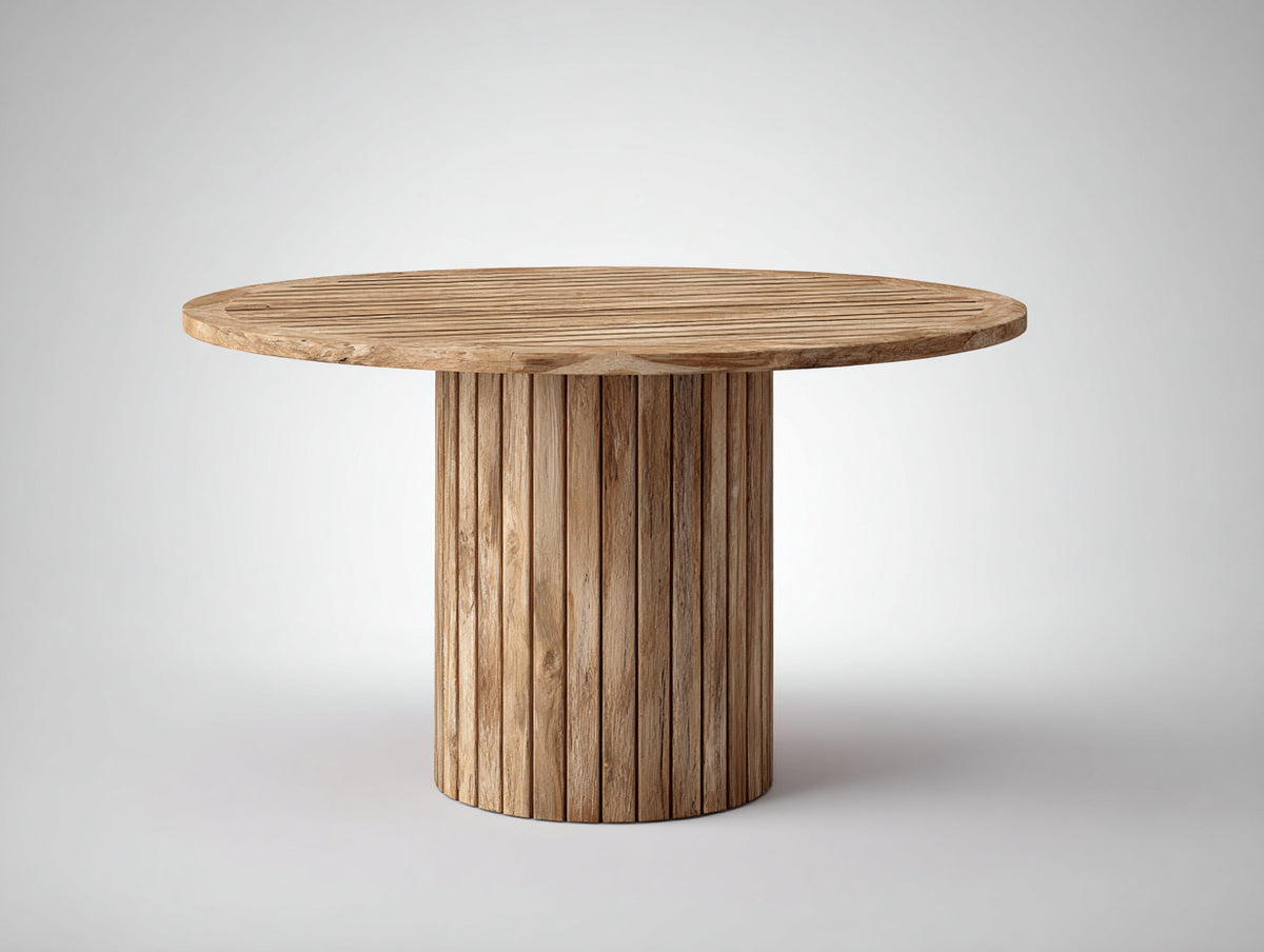 Mesa de jardín redonda de madera 150x150x75 cm - Color madera natural - Mesa exterior con diseño moderno y base cilíndrica