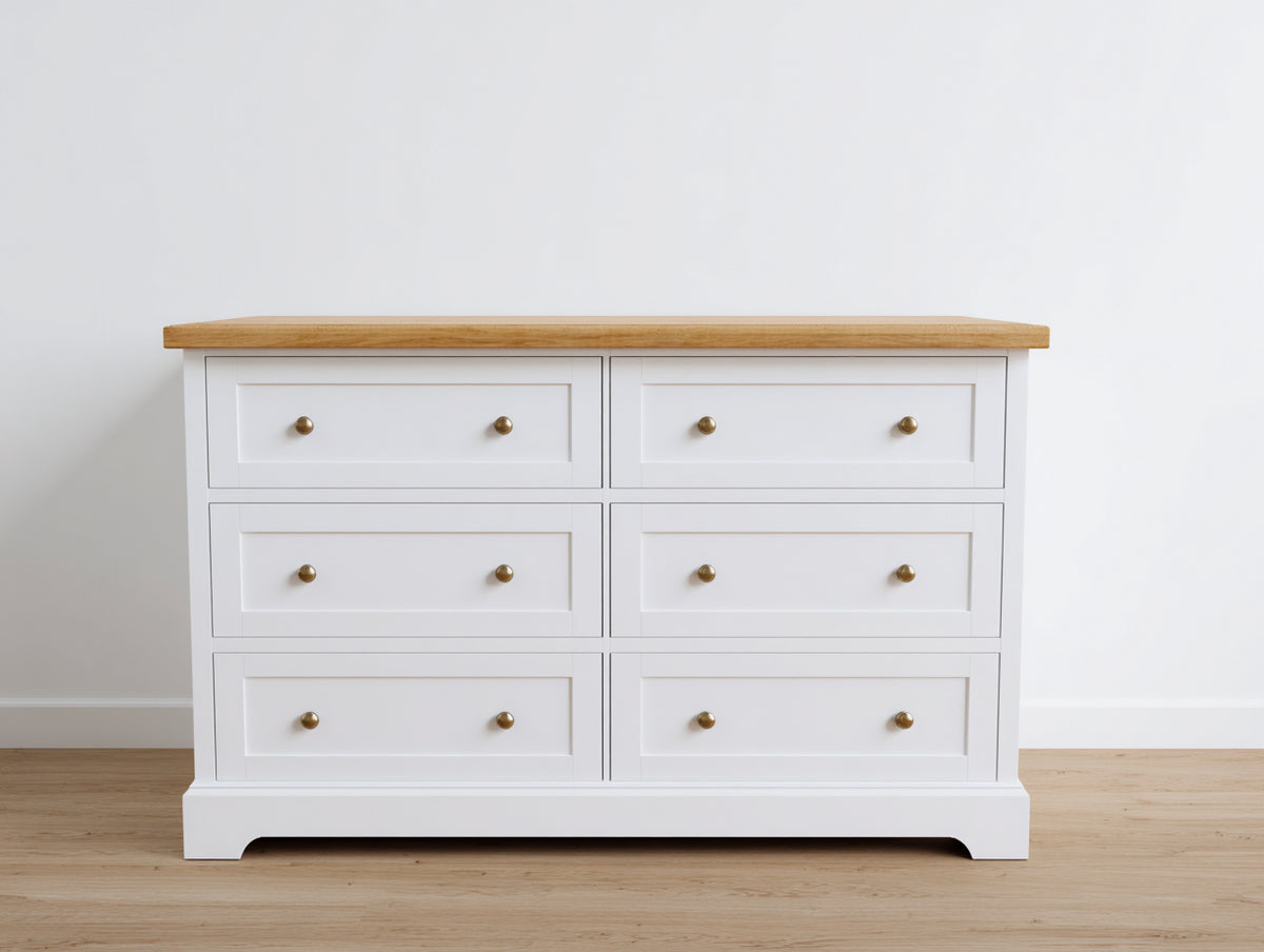 Cómodas de madera 140x40x80 cm - Color blanco y madera natural - Estilo clásico con 6 cajones
