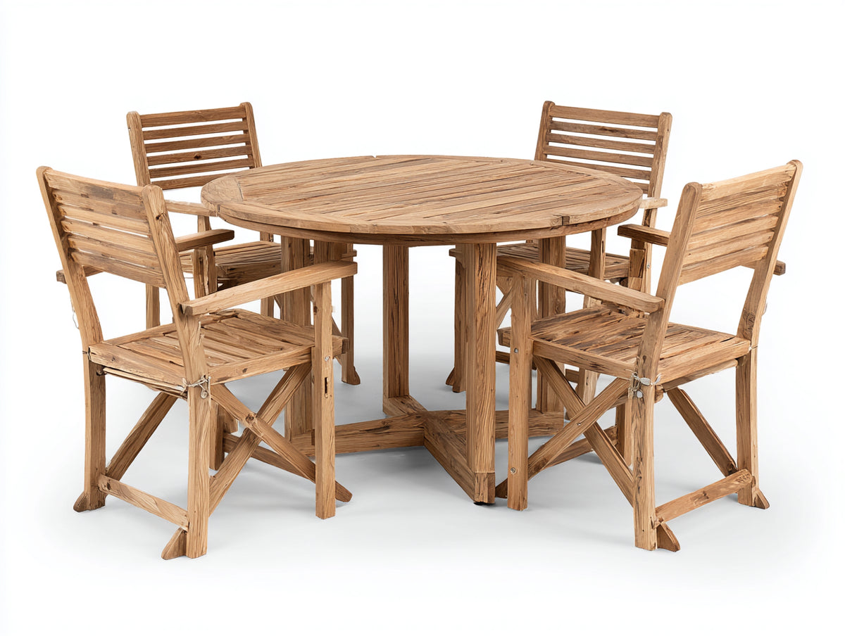Conjuntos de comedor de jardín - Conjunto de comedor exterior de madera con mesa redonda y cuatro sillas 120x120x75 cm - Color madera natural diseño clásico