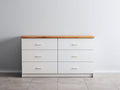 Cómodas de madera manufacturada 140 x 45 x 85 cm - Blanco y marrón natural - Seis cajones y encimera de madera