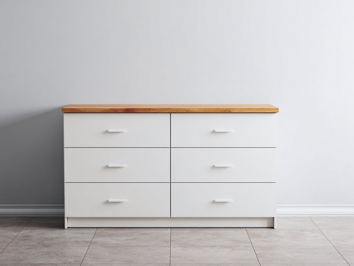 Cómodas de madera manufacturada 140 x 45 x 85 cm - Blanco y marrón natural - Seis cajones y encimera de madera