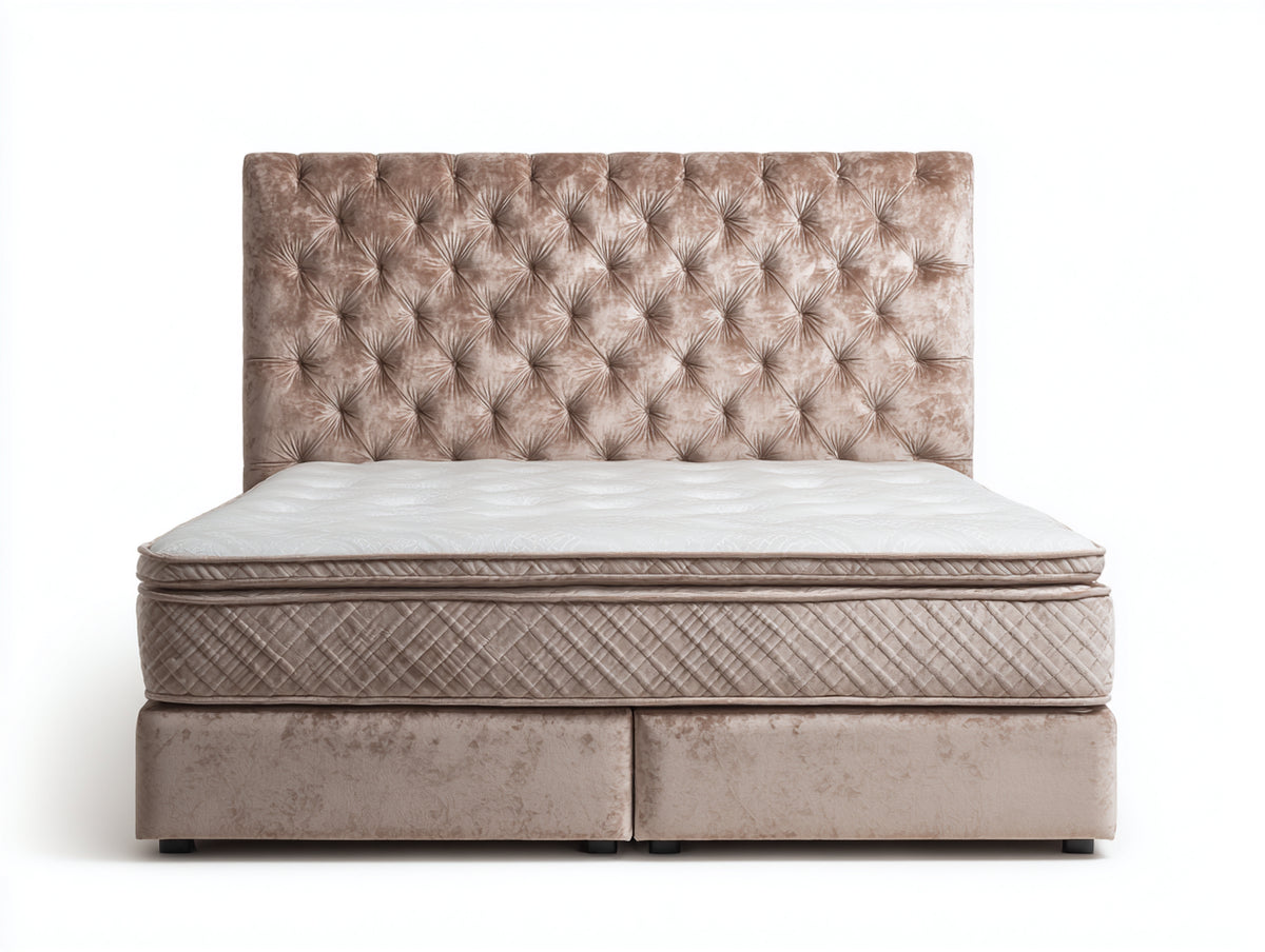 Camas dobles tapizadas 200 x 160 x 140 cm - Beige - Cabecero alto capitoné y base acolchada