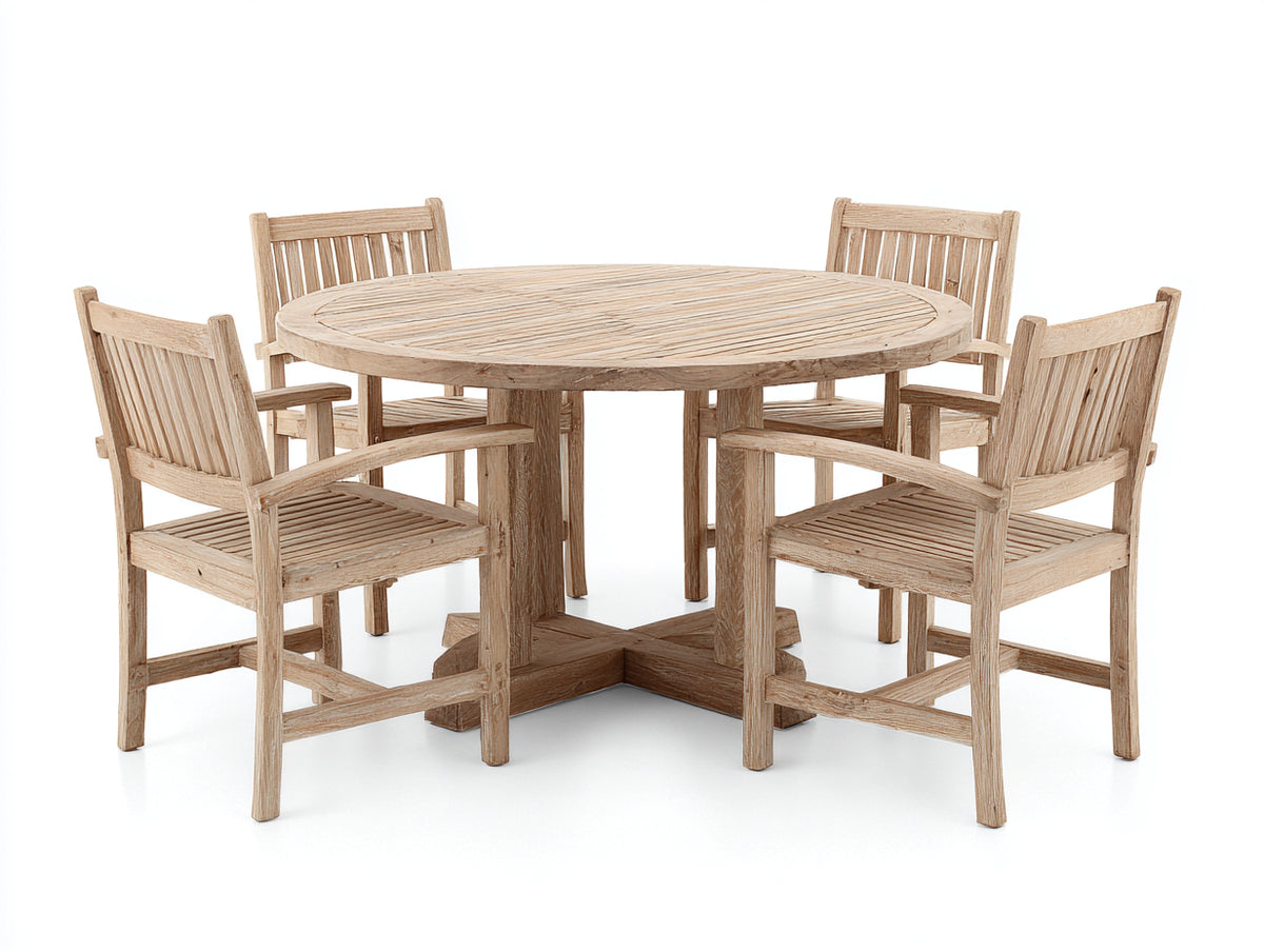 Conjuntos de comedor de jardín de madera 180x100x75 cm - Color madera natural - Estilo clásico con mesa redonda y 4 sillas