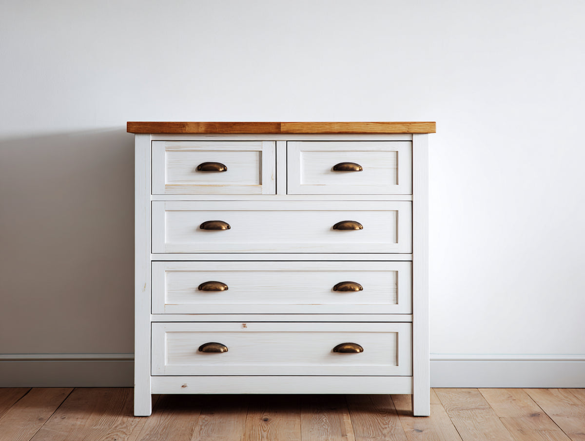 Cómodas de madera 120x40x90 cm - Color blanco y madera natural - Estilo clásico con 5 cajones