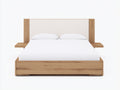 Camas dobles de madera y tejido 210 x 180 x 120 cm - Marrón natural y beige - Cabecero tapizado con mesillas integradas