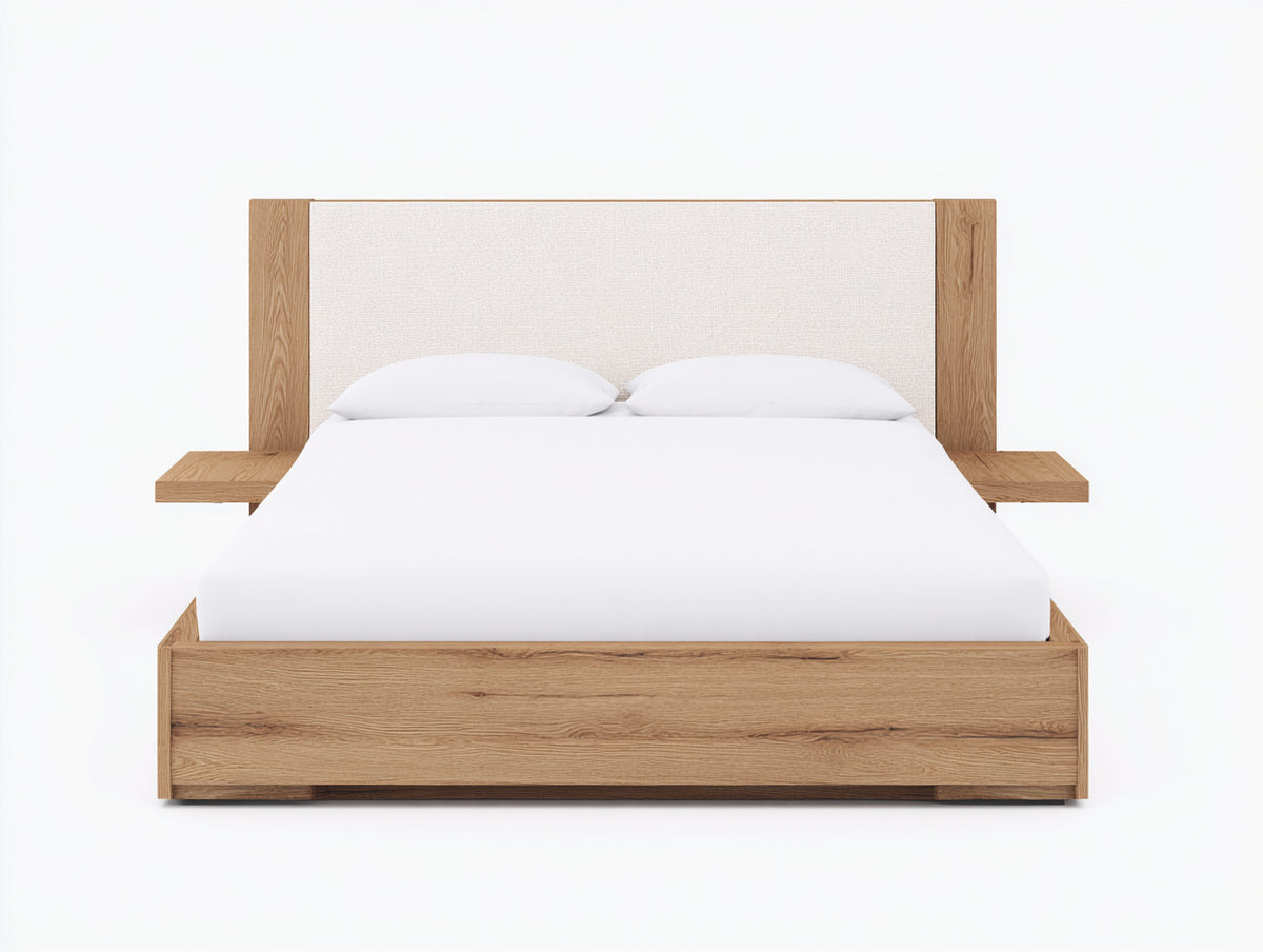 Camas dobles de madera y tejido 210 x 180 x 120 cm - Marrón natural y beige - Cabecero tapizado con mesillas integradas